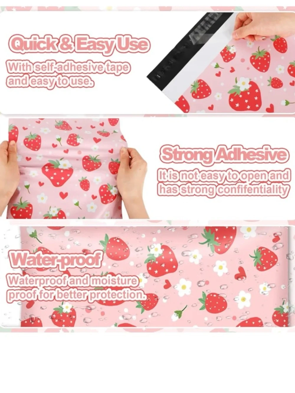 100 Polymailers 10” x 13”Strawberry Print Pink Mailer Bag Cute Strawberry Hearts